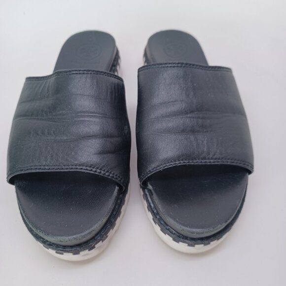 Tory Burch Slides Black Leather Open Toe Sandals Womens 5.5 - Picture 3 of 16